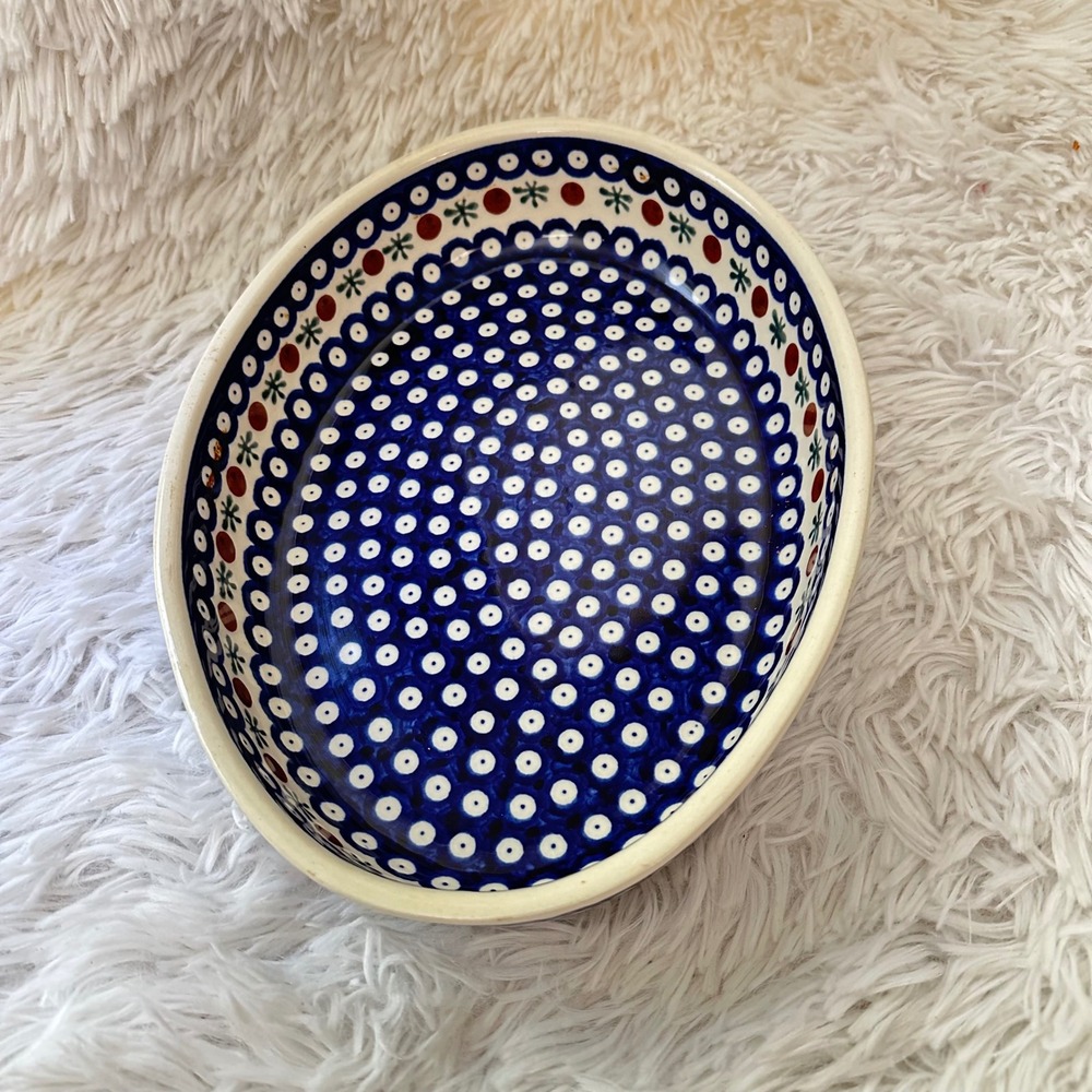 Polish Pottery Boleslawiec Blue Rose Pattern Oval Baking Dish 12" x 8" Vintage